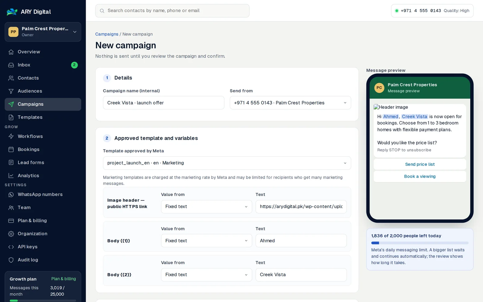 WADesk campaign builder with the phone preview and today’s messaging limit