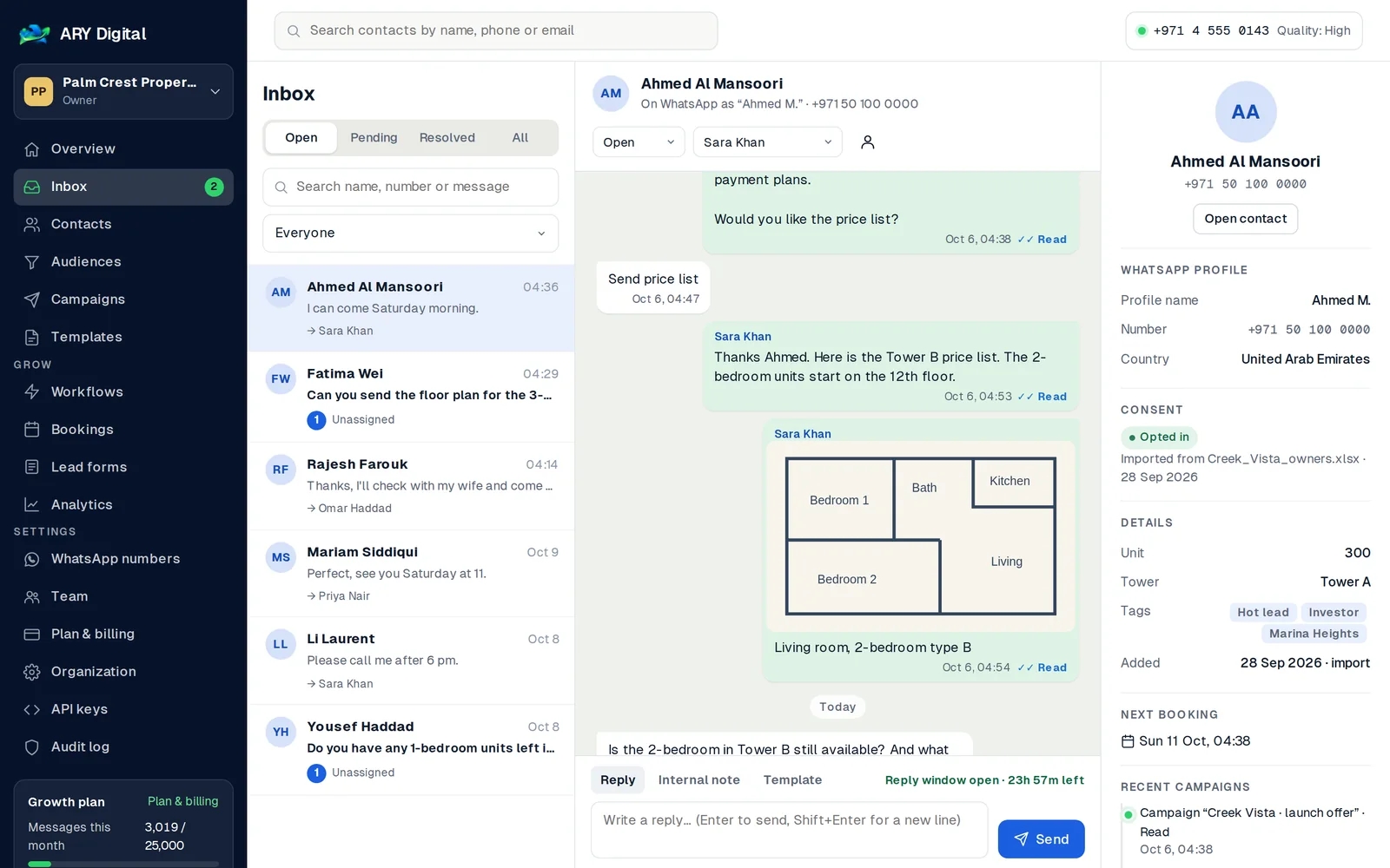 WADesk inbox: conversation list, chat with a floor plan photo, and the contact panel with WhatsApp profile and consent